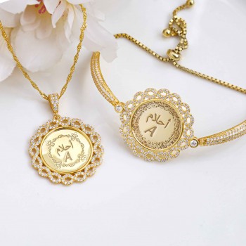 طقم انفنتي ملكي فضة عيار 925 بإسم وحرف مرصع بالكريستال #260