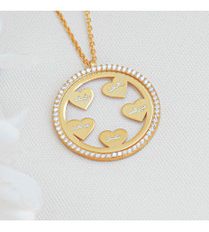 سلسال  القلوب فضة خالص بخمس اسماء مرصع بالكريستال #432