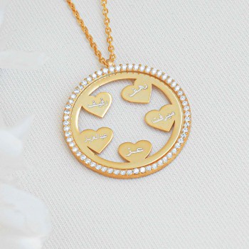 سلسال  القلوب فضة خالص بخمس اسماء مرصع بالكريستال #432 