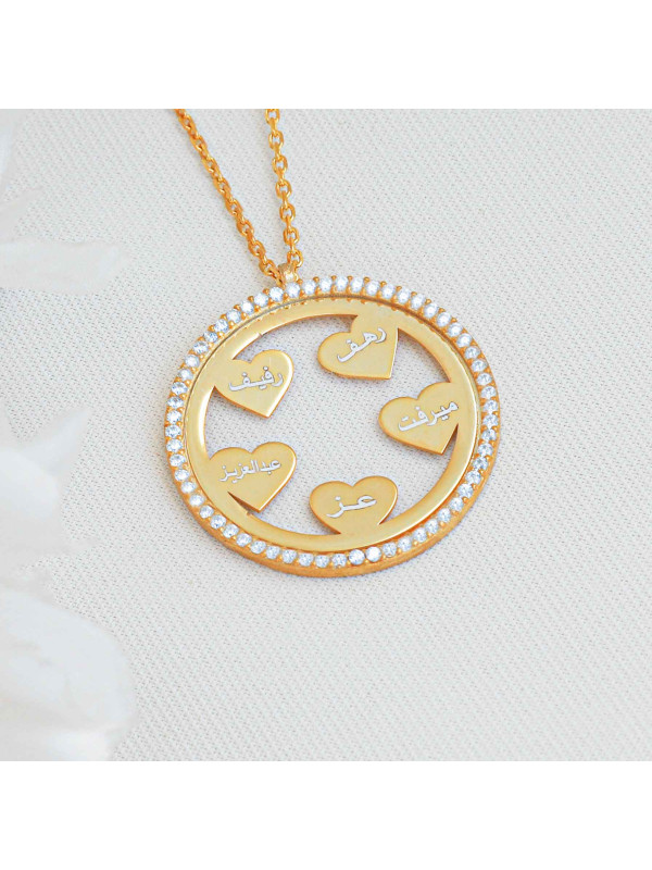 سلسال  القلوب فضة خالص بخمس اسماء مرصع بالكريستال #432