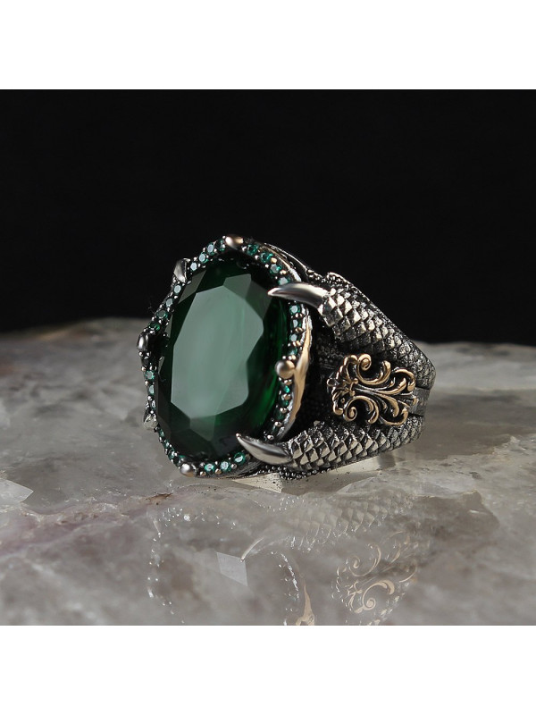  خاتم زركون اخضر فضة رجالي فضة عيار 925 #1002