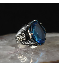  خاتم زركون ازرق فضة رجالي فضة عيار 925 #1002