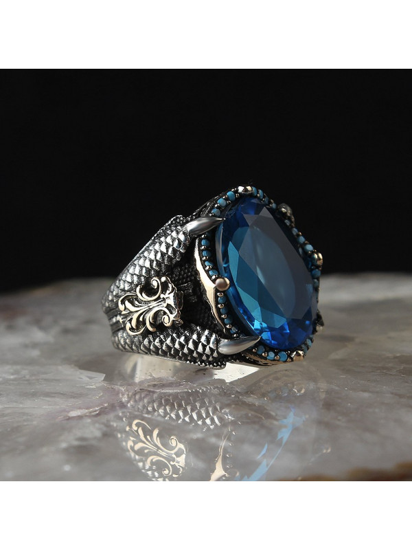 خاتم زركون ازرق فضة رجالي فضة عيار 925 #1002