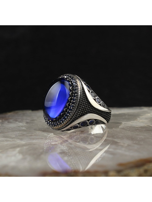  خاتم زركون ازرق فضة رجالي فضة عيار 925 #1005