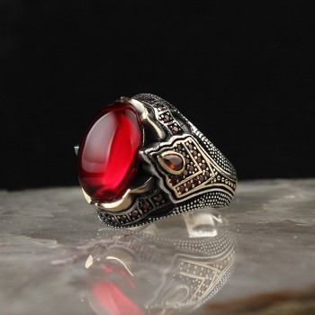  خاتم زركون احمر فضة رجالي فضة عيار 925 #1004