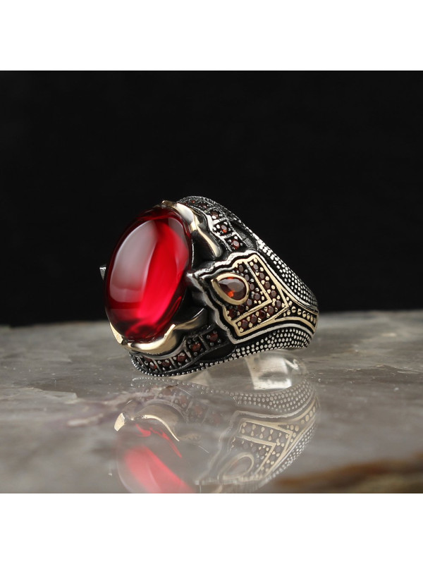  خاتم زركون احمر فضة رجالي فضة عيار 925 #1004