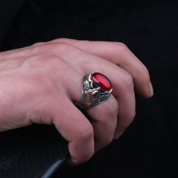  خاتم زركون احمر فضة رجالي فضة عيار 925 #1004 