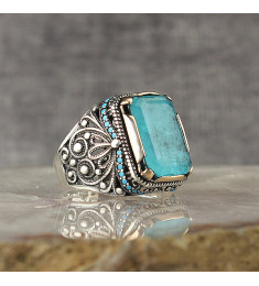  خاتم زركون بلون البحر فضة رجالي فضة عيار 925 #1006