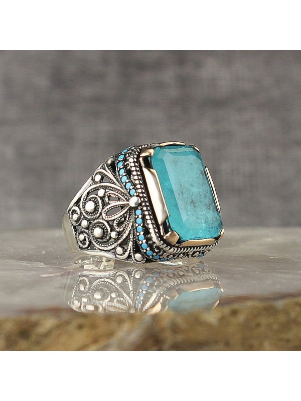  خاتم زركون بلون البحر فضة رجالي فضة عيار 925 #1006
