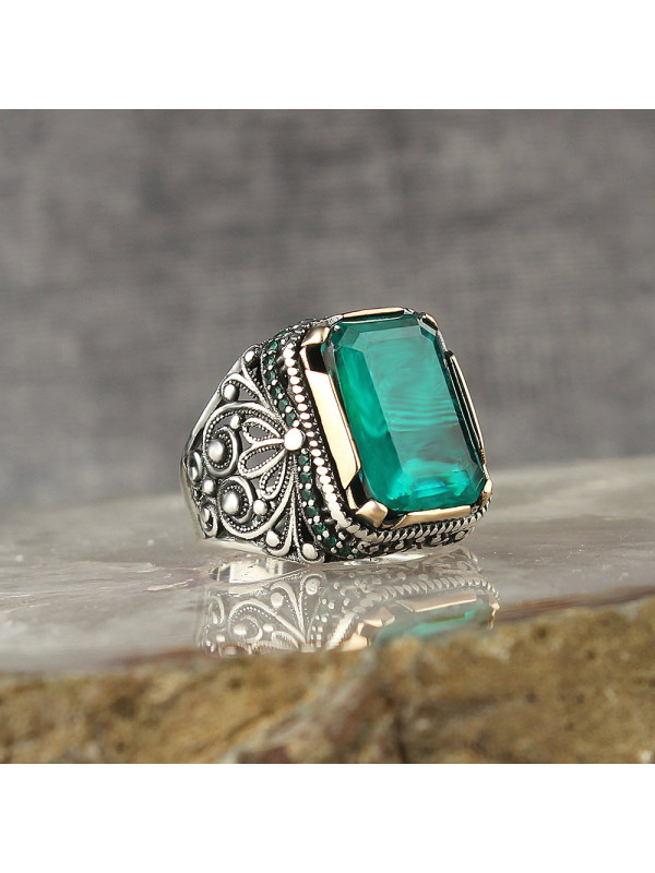  خاتم زركون زيتوني فضة رجالي فضة عيار 925 #1006