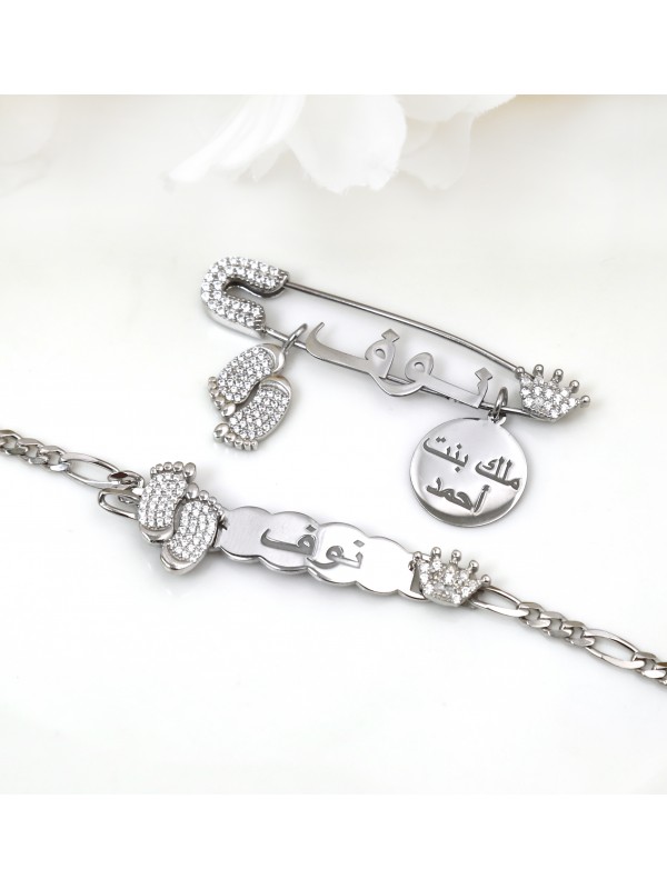 طقم اطفال بروش واسوارة تاج وقلب فضة عيار 925  #1501