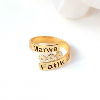 خاتم فضة خالص بإسمين  مع ورد  #2009