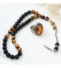 طقم مسبحة وخاتم حجر عقيق فضة خالص #369