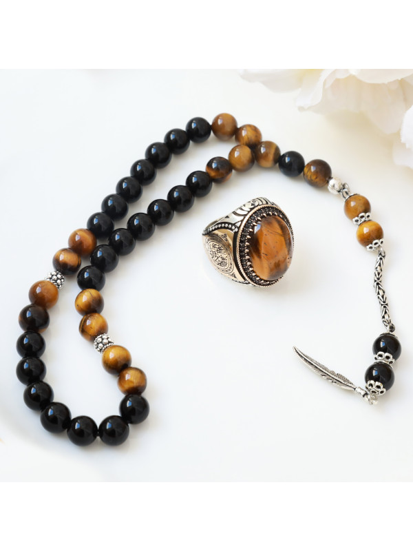 طقم مسبحة وخاتم حجر عقيق فضة خالص #369