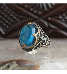 خاتم  توباز ازرق فضة خالص #1811