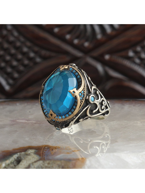 خاتم  توباز ازرق فضة خالص #1811