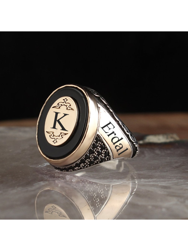  خاتم أونيكس فضة خالص بحرف واسم #335