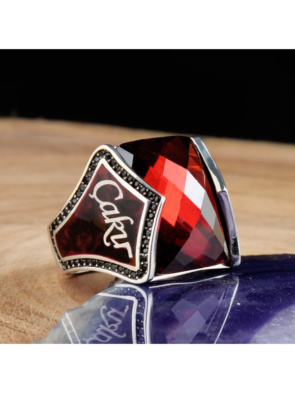  خاتم أونيكس فضة خالص بحرف واسم #375