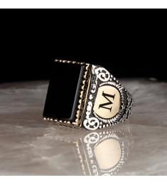  خاتم أونيكس فضة خالص بحرف واسم #378