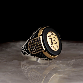  خاتم أونيكس فضة خالص بحرف واسم #383 