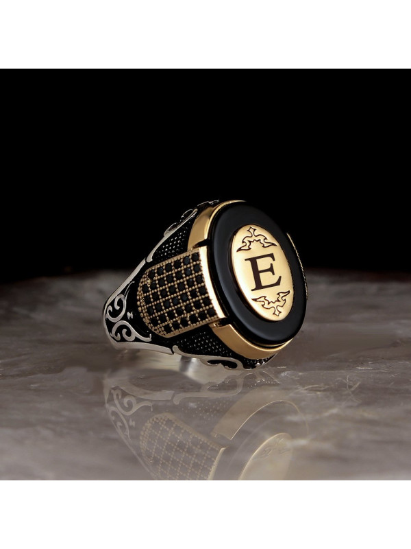  خاتم أونيكس فضة خالص بحرف واسم #383