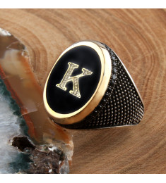  خاتم أونيكس فضة خالص بحرف واسم #381