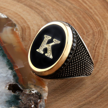  خاتم أونيكس فضة خالص بحرف واسم #381 