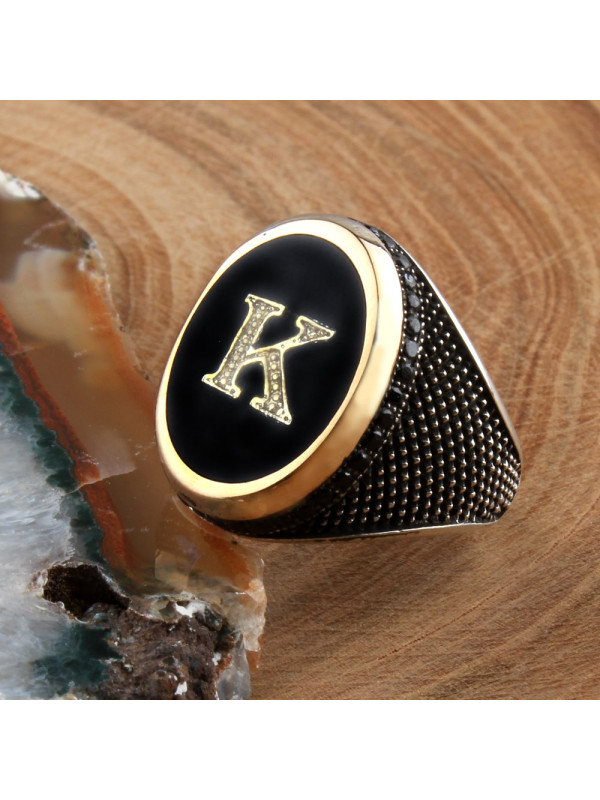  خاتم أونيكس فضة خالص بحرف واسم #381