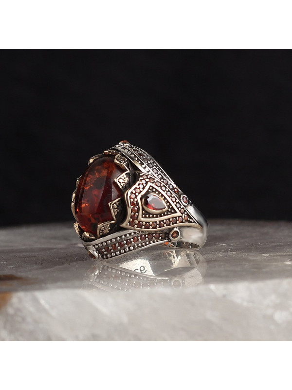  خاتم بحجر الكهرمان فضة خالص #723