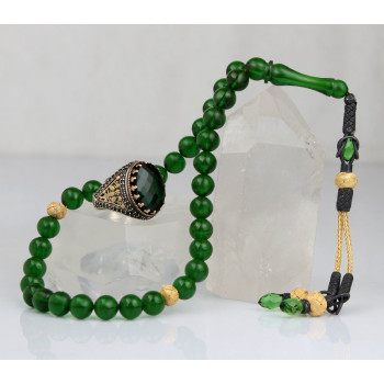 طقم مسبحة وخاتم كهرمان فضة خالص #370