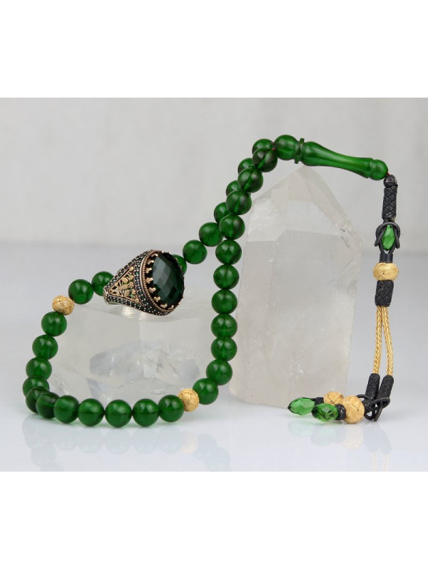 طقم مسبحة وخاتم كهرمان فضة خالص #370