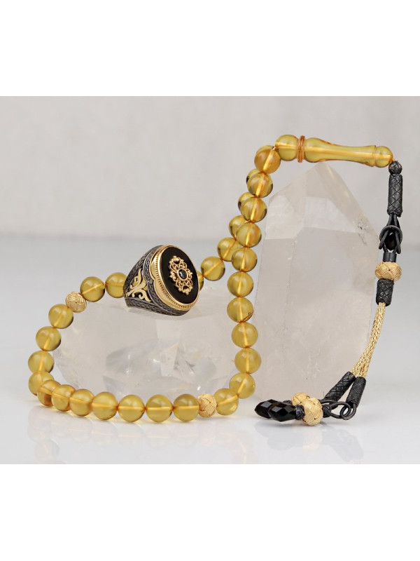 طقم مسبحة وخاتم كهرمان  فضة خالص #368