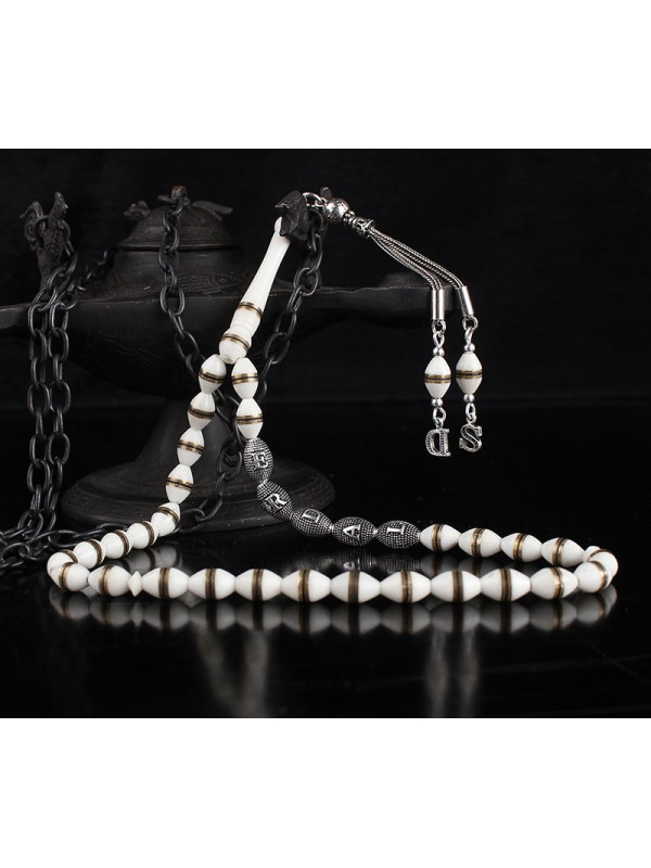 مسبحة عظم الجمل فضة خالص بحرفين واسم   #360