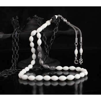 مسبحة عظم الجمل فضة خالص بحرفين واسم   #361