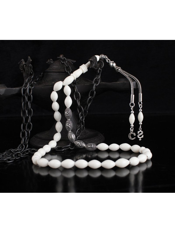 مسبحة عظم الجمل فضة خالص بحرفين واسم   #361