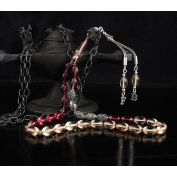 مسبحة كهرمان فضة خالص بحرفين واسم   #362