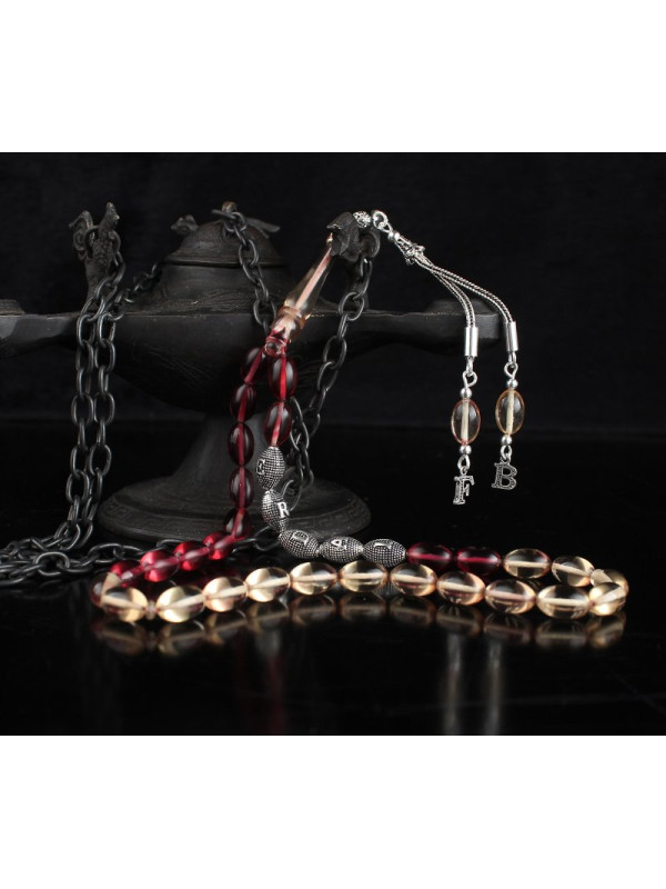 مسبحة كهرمان فضة خالص بحرفين واسم   #362