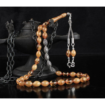 مسبحة كهرمان فضة خالص بحرفين واسم   #363 