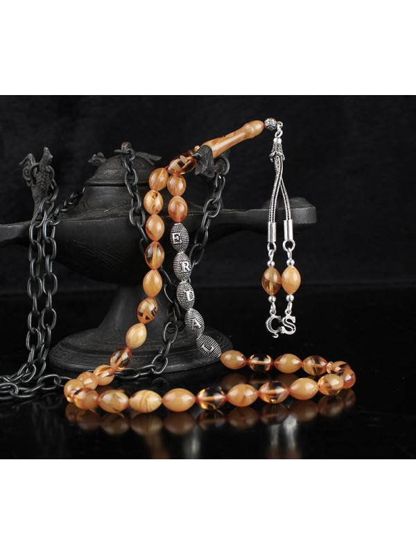 مسبحة كهرمان فضة خالص بحرفين واسم   #363