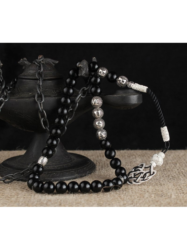 مسبحة أونيكس فضة خالص اسم وحرفين #366