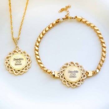 طقم اسوارة وسلسال فضة خالص بإسمين مرصع بالكريستال #740