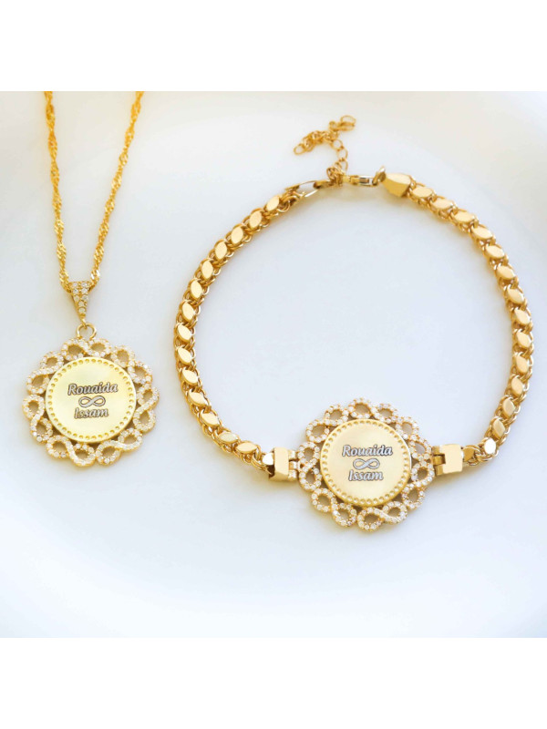 طقم اسوارة وسلسال فضة خالص بإسمين مرصع بالكريستال #740