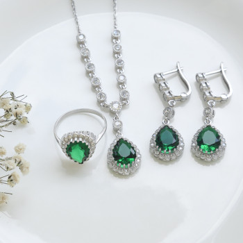 طقم فضة خالص بحجر اخضر #714  