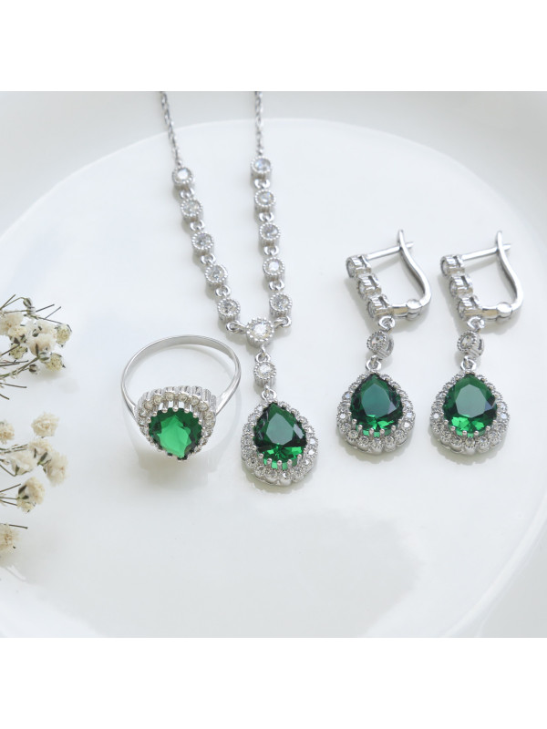 طقم فضة خالص بحجر اخضر #714 